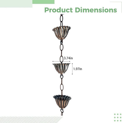 3.3 Ft Rain Chain With Lotus Cups, Vintage Copper Gutter Downspouts For Outdoor Spaces, Decorative Alternative For Villas