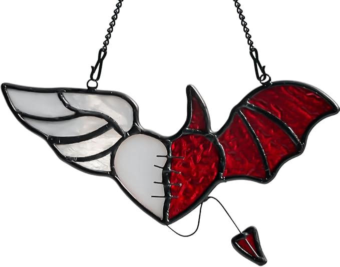 BOXCASA Angel and Devil Wings Decor Stained Glass Suncatcher for Window,Heart-Shaped Stained Glass Window Hangings,Angel Gifts for Women,Heart for Thanksgiving Gift