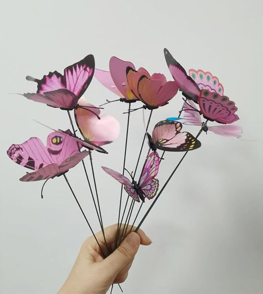 Rikyo 3D Butterfly Garden Stake Decor,10" PVC Butterfly Garden Decor for Outside,Shaking Head Artificial Butterflies for Cake Bouquet Wall Lawn Pathway Plant Pot Flower Bed Yard Decor (50, Pink)