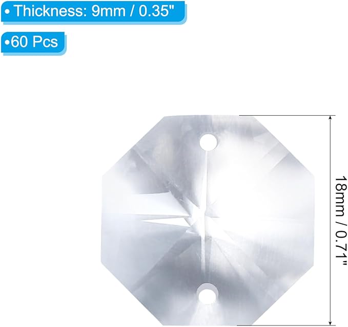 PATIKIL K9 Crystal Octagon Beads 2 Holes Pendants, 60 Pack 18mm Chandelier Prisms Parts Ornaments Hanging Beads for DIY Arts Crafts Decoration, Clear