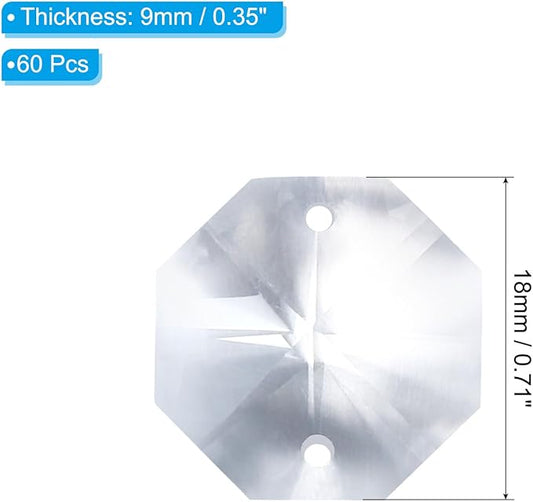 PATIKIL K9 Crystal Octagon Beads 2 Holes Pendants, 60 Pack 18mm Chandelier Prisms Parts Ornaments Hanging Beads for DIY Arts Crafts Decoration, Clear