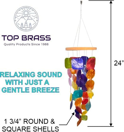 Top Brass 24” Rainbow Windchime – Unique Capiz Seashells with Square and Round Shells – Blue, Green, Red, Orange, Yellow, Purple and Aqua - Soothing Soft Sounds - Hanging Outdoor Porch Patio Décor