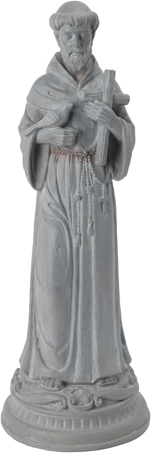 St Francis Garden Statue Outdoor - 24 in Garden Decorations Resin Standing Saint Francis with Cross Antique Finish Spiritual Gifts Religious Sculpture for Yard Lawn Farmhouse Decor Newman House Studio