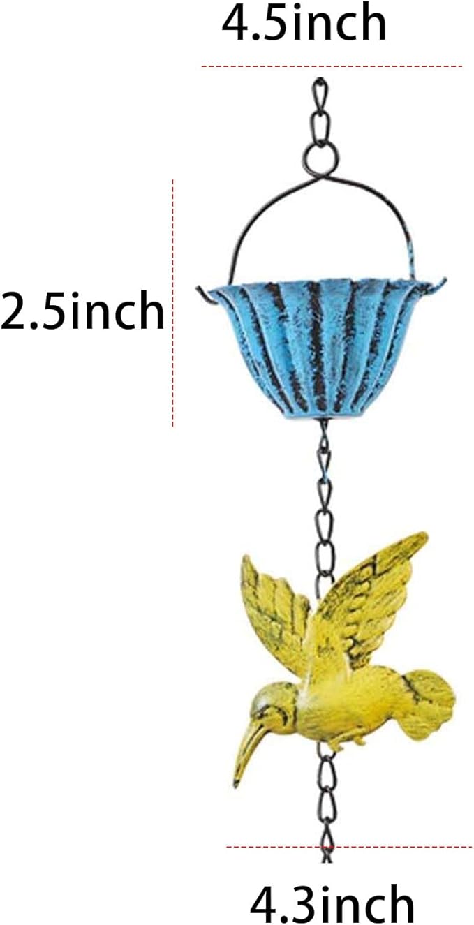 Rain Chains for Gutters, 7.87Ft Hummingbird and Cup Rain Chains for Gutters, Adjustable Rain Chimes for Outside Replacement Downspout for Gutters Eaves Drainage, Green