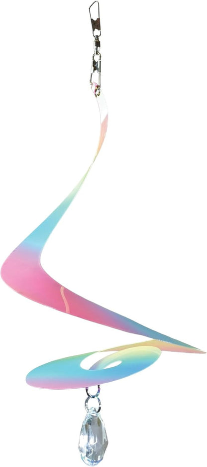 In the Breeze 9157 — 8-inch Striped Iridescent Tear Drop Curlie with Crystal Spinner — Colorful Suncatcher Wind Spinner for Yards and Gardens with Plastic Crystal…