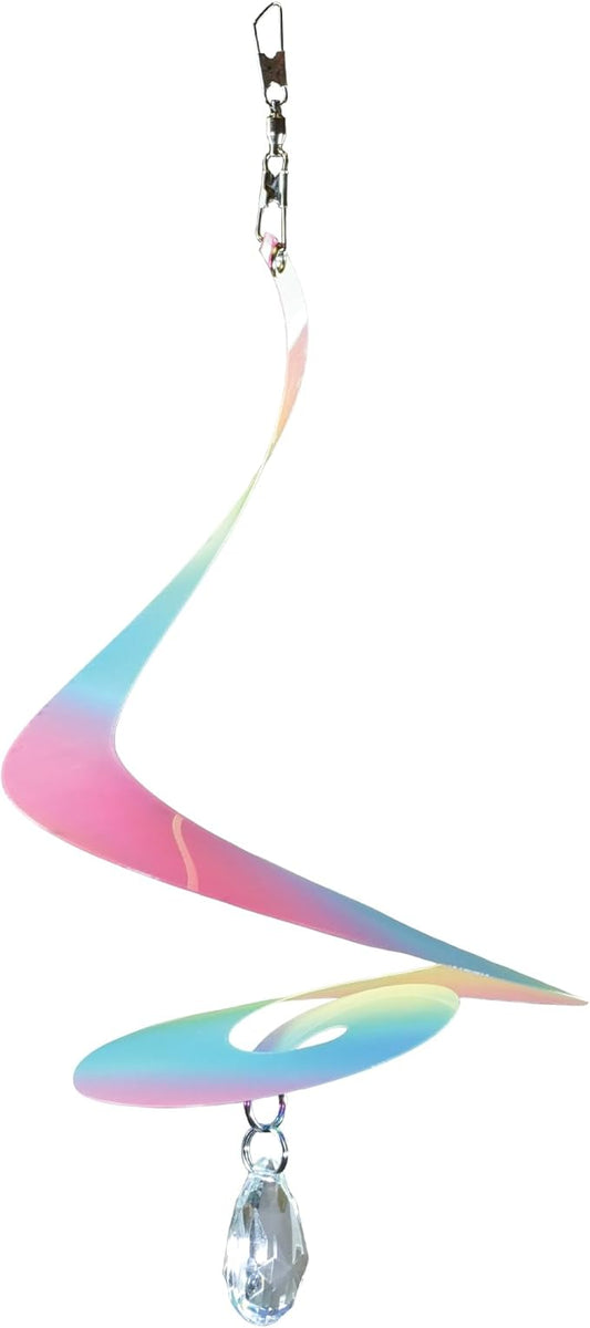 In the Breeze 9157 — 8-inch Striped Iridescent Tear Drop Curlie with Crystal Spinner — Colorful Suncatcher Wind Spinner for Yards and Gardens with Plastic Crystal…