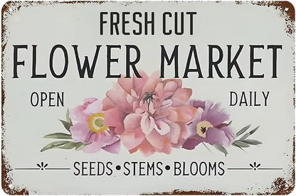 YOYI ART Fresh Cut Flowers Sign - Vintage Farmers Market Decor, Flower Shop Metal Tin Sign for Garden, Home, Cave Garage Bar Art Plaque Wall Decoration, 12 x 8 inch