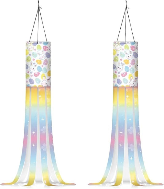 Jeiento Rainbow Bunny Colorful Eggs Windsock Set of 2 Happy Easter Day Windsock Flag Holiday Party Supplies Outdoor Hanging Decoration 40" Wind Socks for Farmhouse Lawn Yard Home Garden