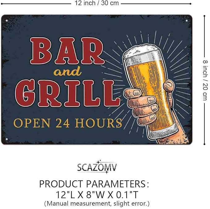 SCAZOMV Bar And Grill Metal Sign Pub Decor Man Cave Signs Vintage Wall Art Decorations Tin Plaque Dads Fathers Rustic Home Beer Bar Accessories 12"X8"