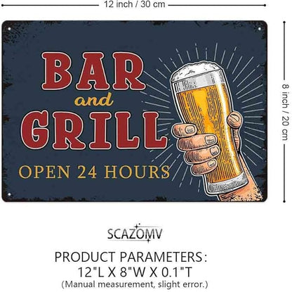 SCAZOMV Bar And Grill Metal Sign Pub Decor Man Cave Signs Vintage Wall Art Decorations Tin Plaque Dads Fathers Rustic Home Beer Bar Accessories 12"X8"