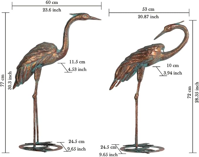 Metal Crane Garden Statues for Outdoor, Stainless Steel Antique Patina Standing Blue Heron Decoy, Large Sandhill Cranes Sculptures for Yard and Garden, Bird Yard Art for Patio Lawn Backyard Pond