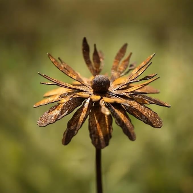 Vintage Rusty Cornflower Statue Stake 12 Inch Metal Artistic Wire Art Decor Rustic Garden Sculptures for Lawns Yard Patio Home Farmhouse Decorations (Bronze)