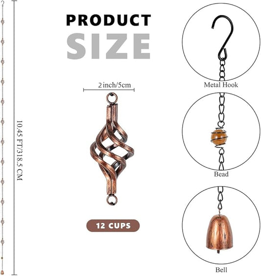 dreamysoul 10.45 FT Rain Chains for Outside with 8 Cups, Copper Bird Cage Decorative Rain Catcher Chains for Downspout Gutters, Eaves Drainage