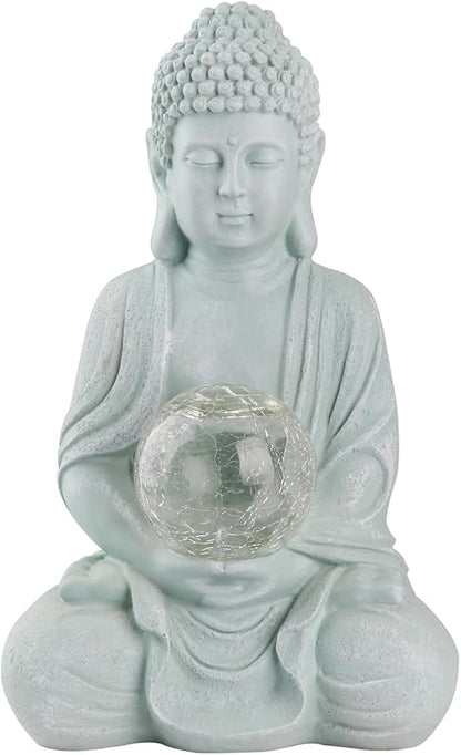 Buddha Garden Statue with Solar Light, Solar Meditating Garden Buddha with Cracked Glass Ball Sculpture-Indoor/Outdoor Decor for Balcony,Patio,Porch Yard Art Ornament,Gift