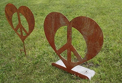 Peace and Heart Staked Signs or Wall Art Rustic or Powder Coated Finishes (Peace Heart Medium Stake 25", Naturally Rusted)
