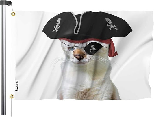 Swono Cat Pirate Flag - 3x5 ft Funny Animal Skull Blindfold Triangular Flag Kitten Captain for Outdoor & Indoor
