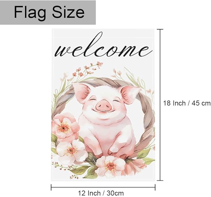 Gkyygk Welcome Garden Flag Pig Pink Flowers 12x18 Inch Banners Vertical Double Sided Small Yard Flag Burlap Farmhouse Outdoor Lawn Patio Decor