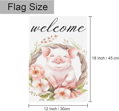 Gkyygk Welcome Garden Flag Pig Pink Flowers 12x18 Inch Banners Vertical Double Sided Small Yard Flag Burlap Farmhouse Outdoor Lawn Patio Decor