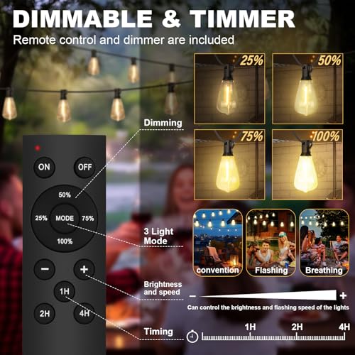 Outdoor String Lights 50FT 32 Bulbs - Dimmable Remote Control