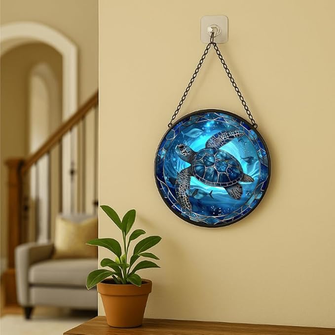 Stained Glass Window Hanging - Blue Rose and Vintage Frame Sun Catchers Indoor Stained Glass Panels Wall Decor for Mom, Wife, Lovers, Festive, 11.8in