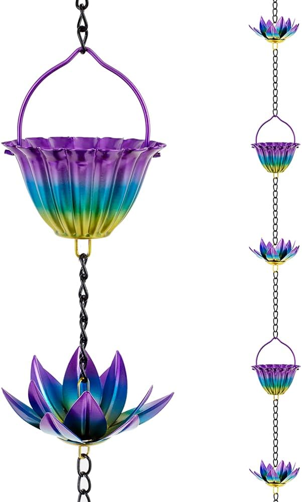 9.97ft Lotus Rain Chain for Outside, Metal Rain Chain with 16 Cups, Adjustable Rain Catcher Chain for Outside, Replacement Downspout for Gutters, Eaves, Drainage
