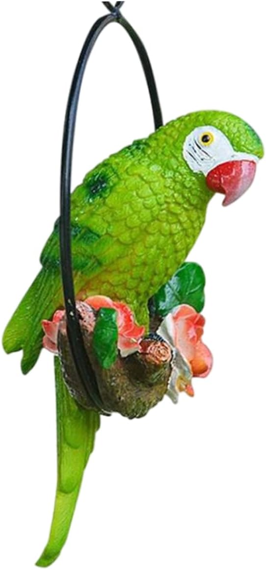 Hanging Parrot Garden Decor Resin Parrot Outdoor Decor Parrot on Perch Garden Sculpture Parrot Statue for Outdoor Garden Decorations Green Garden.