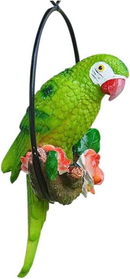 Hanging Parrot Garden Decor Resin Parrot Outdoor Decor Parrot on Perch Garden Sculpture Parrot Statue for Outdoor Garden Decorations Green Garden.