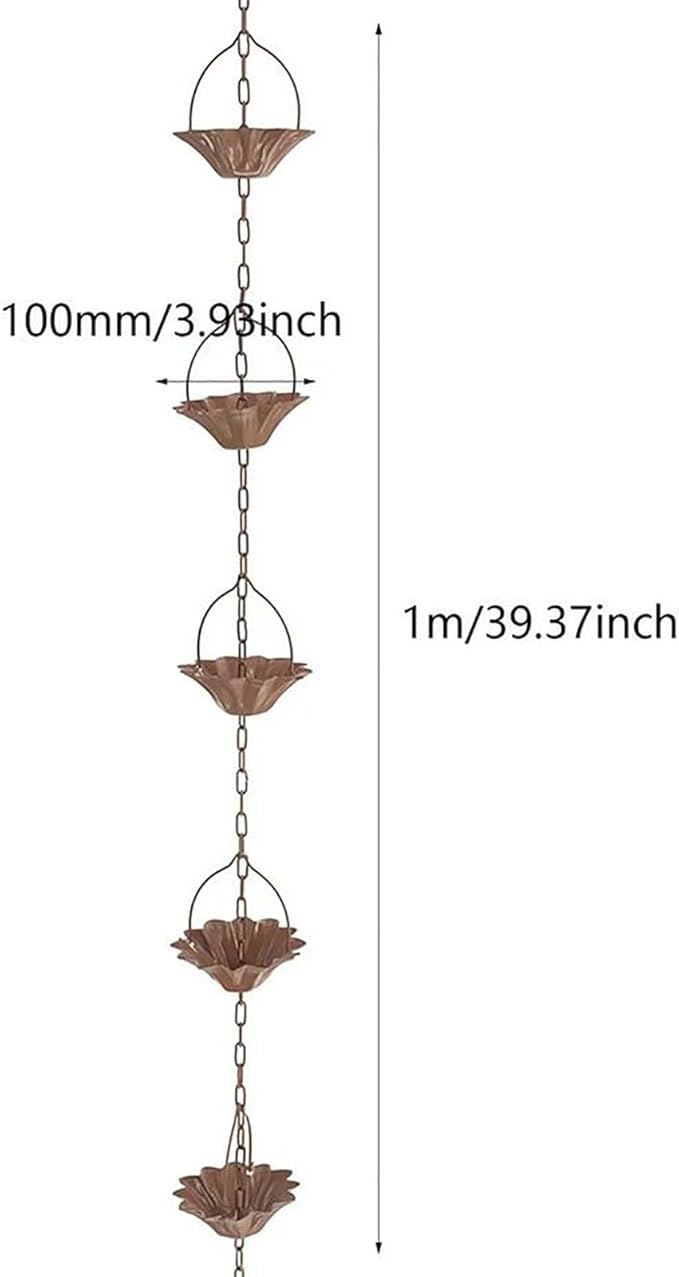 Copper Plated Rain Chain for Outside Downspouts,Adjustable Rain Catcher Chain for Eaves Drainage,Decorative Metal Hanging Flower Spiral Rain Bells(E)