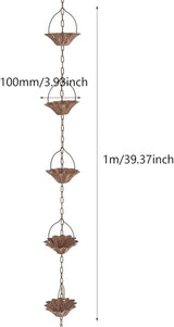 Copper Plated Rain Chain for Outside Downspouts,Adjustable Rain Catcher Chain for Eaves Drainage,Decorative Metal Hanging Flower Spiral Rain Bells(E)
