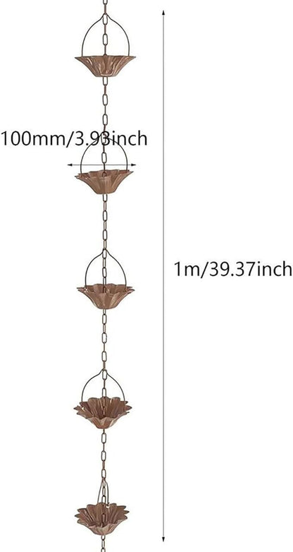 Copper Plated Rain Chain for Outside Downspouts,Adjustable Rain Catcher Chain for Eaves Drainage,Decorative Metal Hanging Flower Spiral Rain Bells(E)