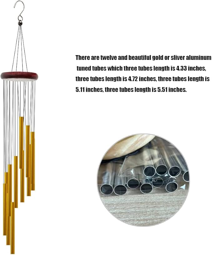 Wind Chimes for Outside with 12 Aluminum Tubes Wind Bells, 23 Inches Melody Windchimes Outdoors for Farmhouse Garden Patio Home Decor (Gold)