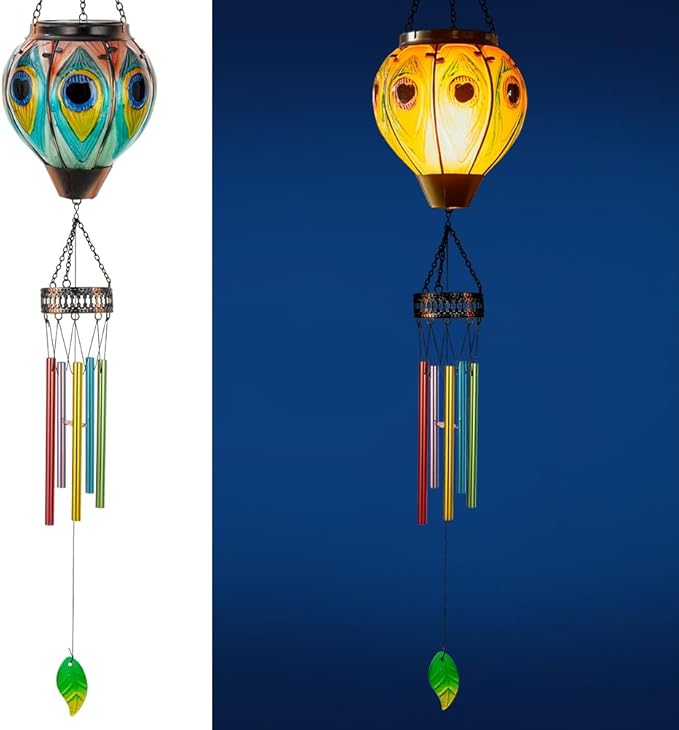 Starsoul Solar Wind Chimes for Outside, Peacock Hot Air Balloon with Flickering Flame Solar Wind Chime, Glass Windchimes Outdoors Garden Decor, Gift for Mother's Day Mom Grandma