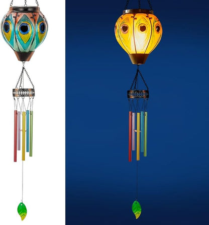Starsoul Solar Wind Chimes for Outside, Peacock Hot Air Balloon with Flickering Flame Solar Wind Chime, Glass Windchimes Outdoors Garden Decor, Gift for Mother's Day Mom Grandma