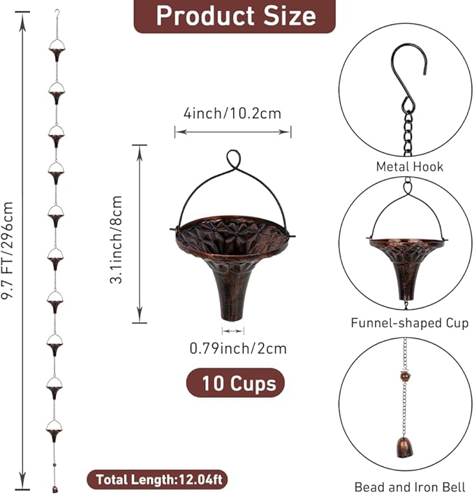 9.7ft Rain Chains for Outside, 10-Cup Rain Chain Replacement Downspout for Gutters,Eaves, Drainage, Adjustable Length(Brown)
