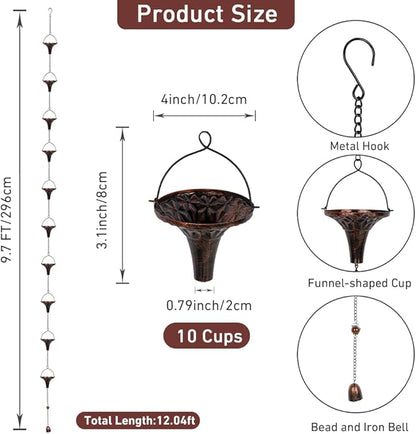 9.7ft Rain Chains for Outside, 10-Cup Rain Chain Replacement Downspout for Gutters,Eaves, Drainage, Adjustable Length(Brown)