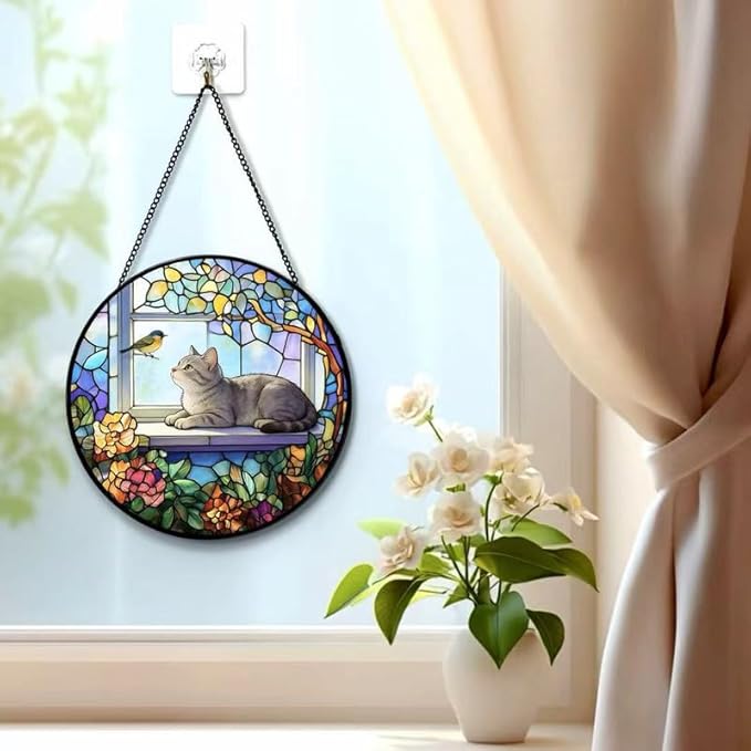 Stained Glass Cat Window Suncatcher, Cat on Windowsill Sun Catcher, Colorful Pet Lover Window Decor Gift