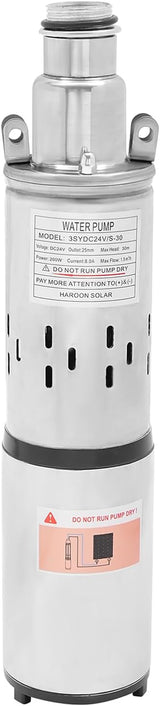 Deep Well Submersible Pump DC 24V 200W Electric Solar Powered Water Pump, 5.3 GPM Flow, 98ft Lift, Farm Ranch Irrigation Submersible Bore Hole Deep Well Pump