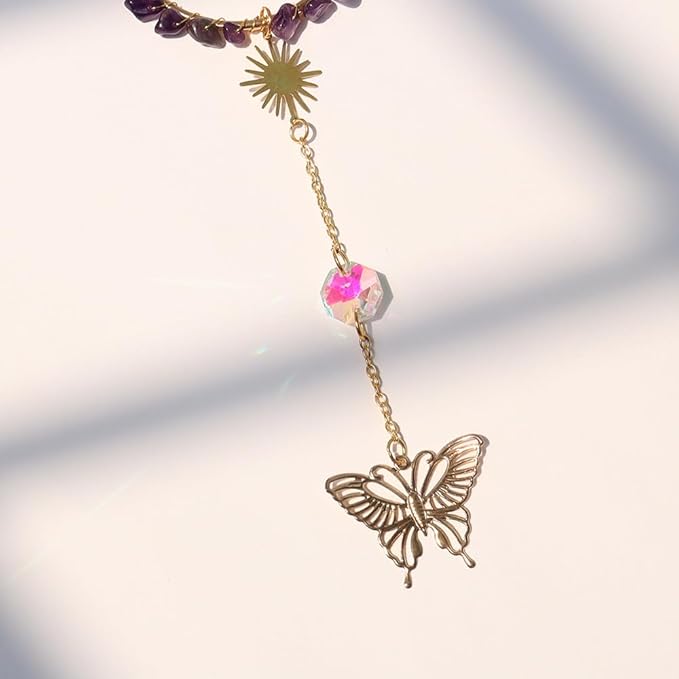 Natural Amethyst Crystal Suncatcher, Sun Catcher Hanging for Car, Butterfly Suncatchers for Windows，Spiritual, Rainbow Maker, Home Decor