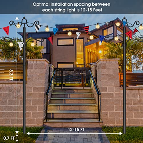 String Light Poles 9 FT Metal with Hook - 4 Pack
