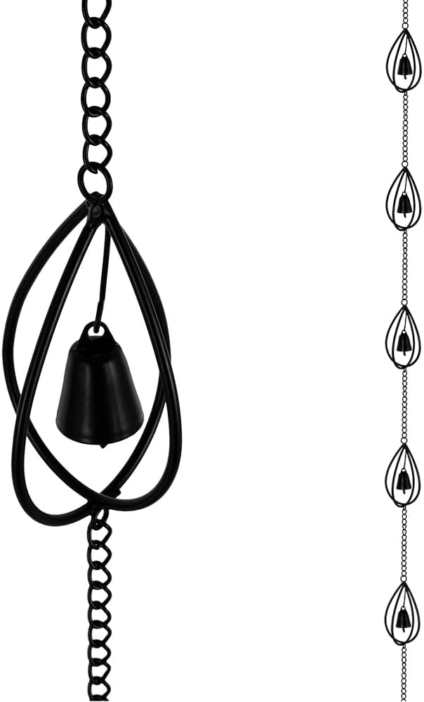 dreamysoul Rain Chains for Gutters, 10.27FT Black Teardrop Rain Chains with Bell, Rain Catcher Chains for Outside, Downspout, Eaves, Drainage