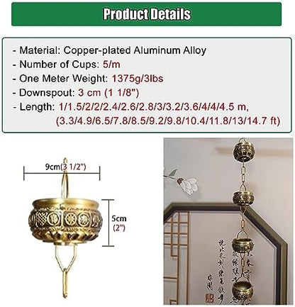 Decorative Rain Chains Waterfall, Hanging Rain Chain Aluminum, Decorative Water Catcher Copper-Plated Cup, Heavy Rain Water Chain for Outside Downspout Gutter, Garden Gift (B 1m/3.3 ft)