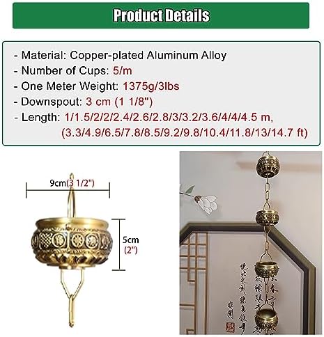 Decorative Rain Chains Waterfall, Hanging Rain Chain Aluminum, Decorative Water Catcher Copper-Plated Cup, Heavy Rain Water Chain for Outside Downspout Gutter, Garden Gift (B 1m/3.3 ft)