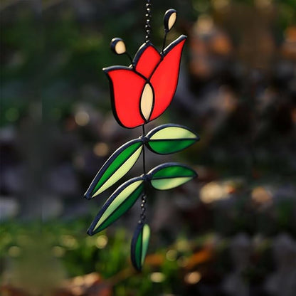 Tulip Acrylic Suncatcher Vintage Flower Window Hanging Decor Colorful Sun Catcher Modern Folk Art Home Decoration for Windows Patio Indoor Spaces Hanging Ornament 9.8" x 4.7"