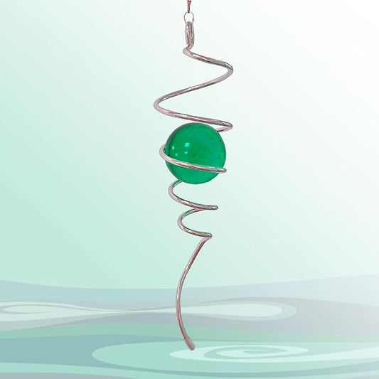 Aoedelyart Wind Spinner Tail Gazing Ball Spiral Decorative Wind Spinners Sun Catcher 11inch Tail and 2 inch Glass Orb. Indoor Outdoor Garden Decoration Wind Spinner Stabilizer -13 inch Height (Green)
