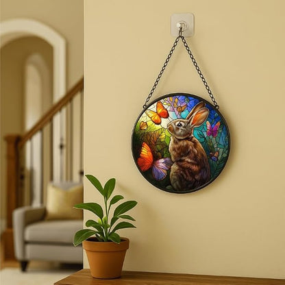 Stained Glass Window Hanging - Rabbit with Butterflies and Leaves Sun Catchers Indoor Stained Glass Panels Wall Decor for Mom,Wife,Lovers,Festive