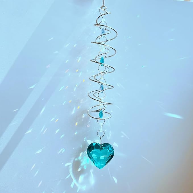 Big Heart Crystal Sun Catchers for Windows Hanging, Double-Spiral Design Gazing Ball Spiral Tail, Rainbow Maker Prism, Sun Catchers Indoor Window for Kitchen, Patio, Porch, Garden(Sky Blue)