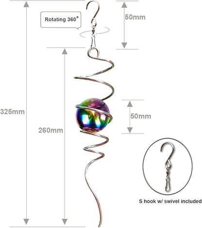 Fonmy Gazing Ball Spiral Tail -Decorative Wind Spinner 11 inch Tail and 2 inch Steel Orb. Indoor Outdoor Garden Decoration Silver Multi Color Ball -13 inch Height