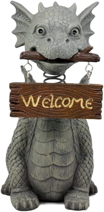 Ebros Gift Bienvenidos Welcome Sign Dragon Garden Greeter Bobblehead Statue Faux Stone Resin Finish 13.25" H