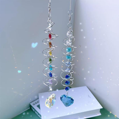 Big Heart Crystal Sun Catchers for Windows Hanging, Double-Spiral Design Gazing Ball Spiral Tail, Rainbow Maker Prism, Sun Catchers Indoor Window for Kitchen, Patio, Porch, Garden(AB-Silver)