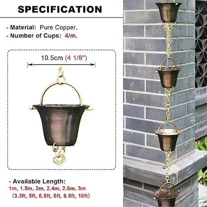Decorative Rain Chains Waterfall, Rain Chain Copper Rain Chain Extension, Ancient Temple Eaves Water Guide Rain Chain Cups, Rain Catcher Wind Chime for Downspouts, Garden Decorative ( 240cm (8ft))